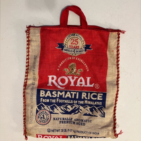 ROYAL BASMATI Empty Rice BURLAP Bag RED Handles & Zipper / Purse Tote Sack Craft - Picture 7 of 16